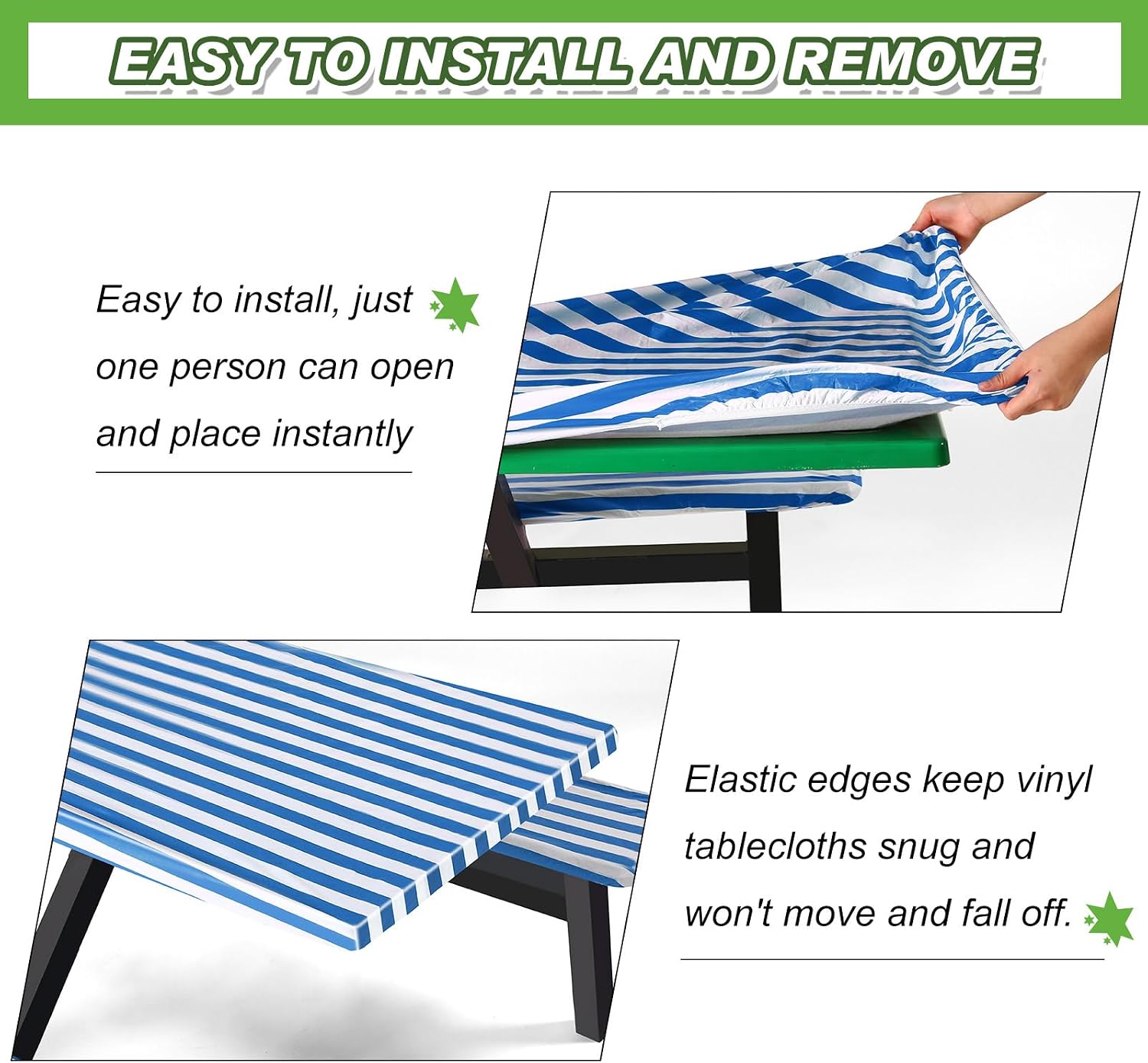 SmoothNovelty Picnic Table Cover with Bench Covers 72 x 30 Inch Waterproof Elastic Fitted Outdoor Stripe Tablecloth for 6 ft Rectangle Tables, School Camping Accessories Park(Dark Blue and White) image 4
