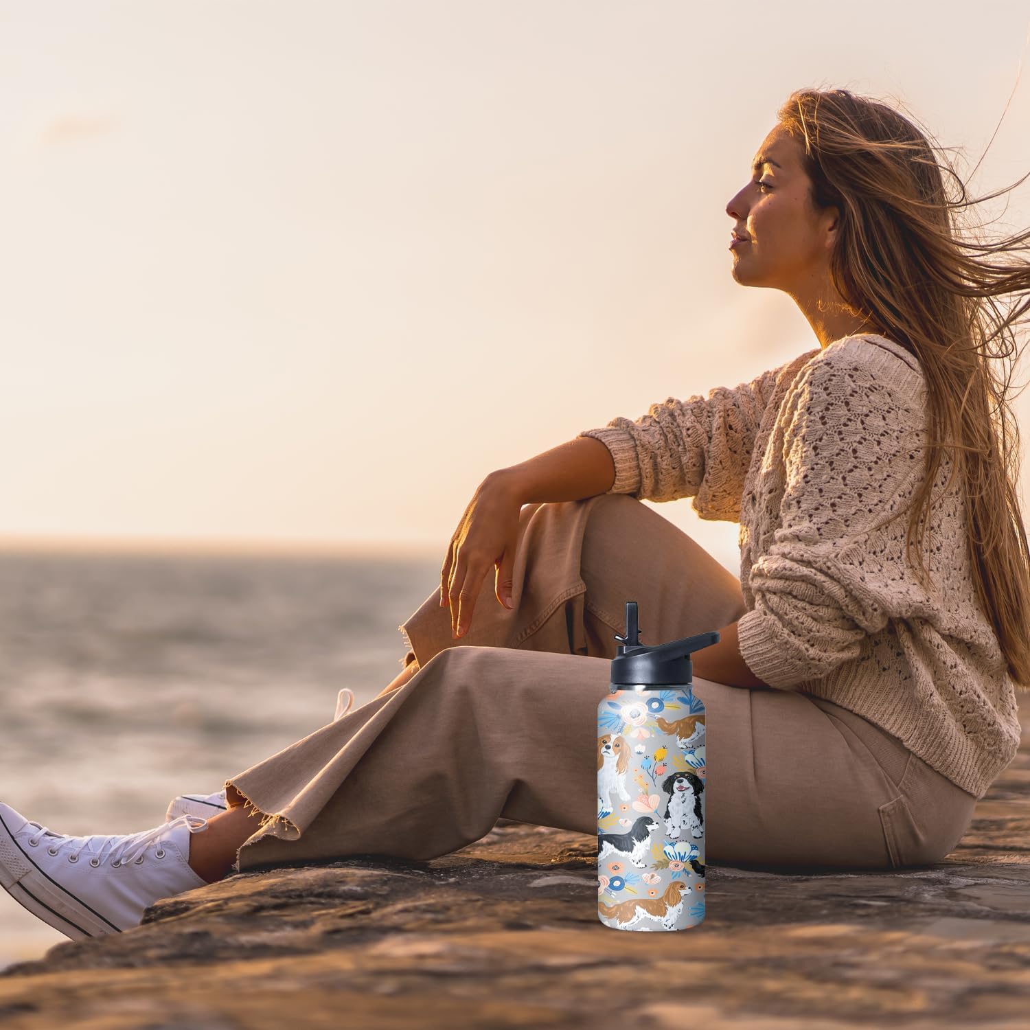 32 oz Cavalier King Charles Spaniel Water Bottle Cute Dog Tumbler Cavalier King Charles Spaniel Gifts Insulated Water bottle with Straws and Flip Lid Stainless Steel Dog Travel Cup