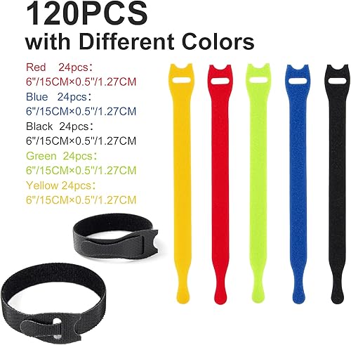 Miniatura 5 de OneLeaf Organizador de cables de 6 pulgadas, 120 unidades, reutilizables, con gancho y bucle, lazos de sujeción coloridos para el hogar, oficina,