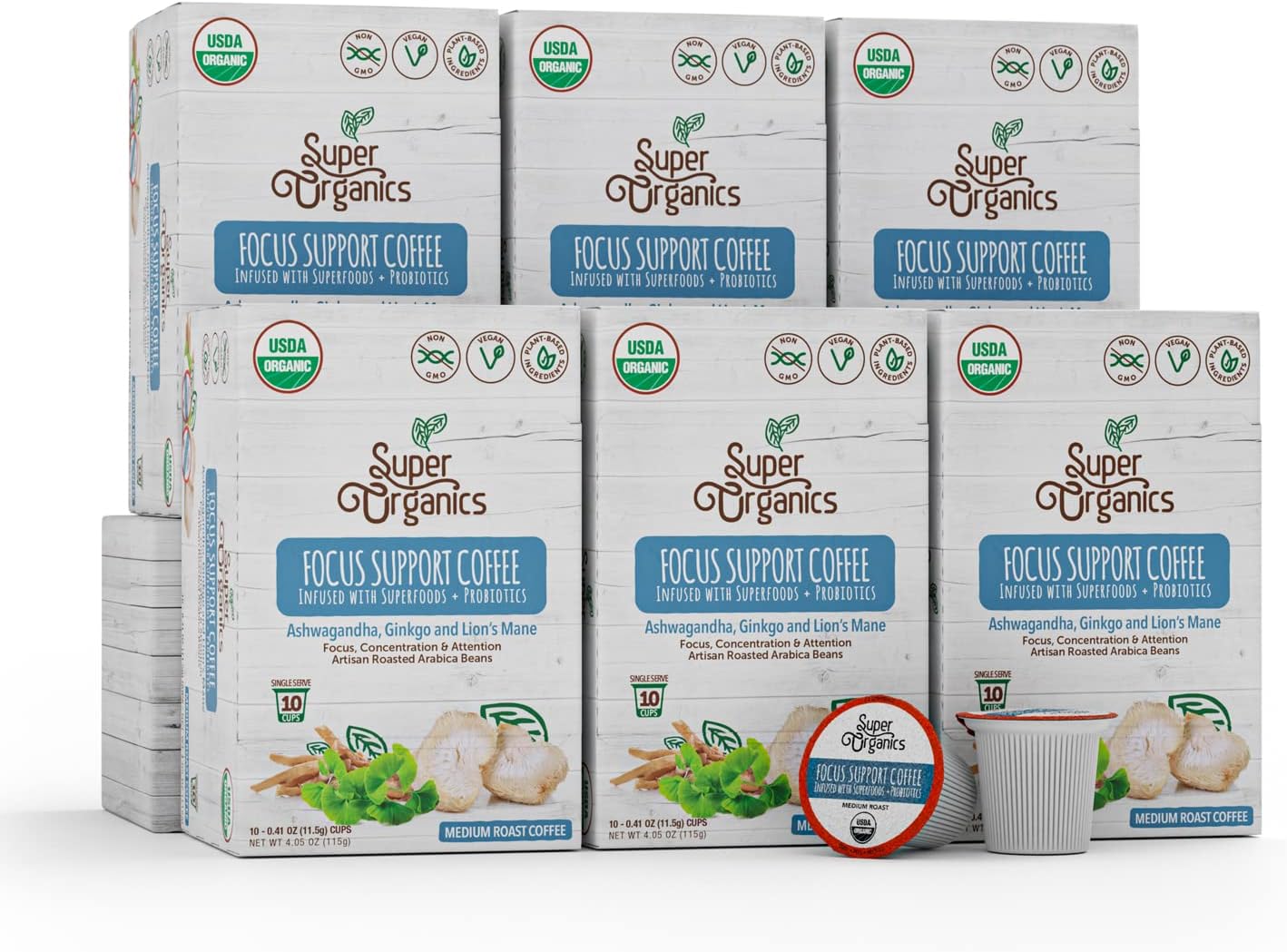 Super Organics Focus Support Coffee Brew Cups With Superfoods & Probiotics Keurig K-Cup Compatible Focus and Adaptogens Medium Roast, USDA Certified, Vegan, Non-GMO Coffee, 60ct