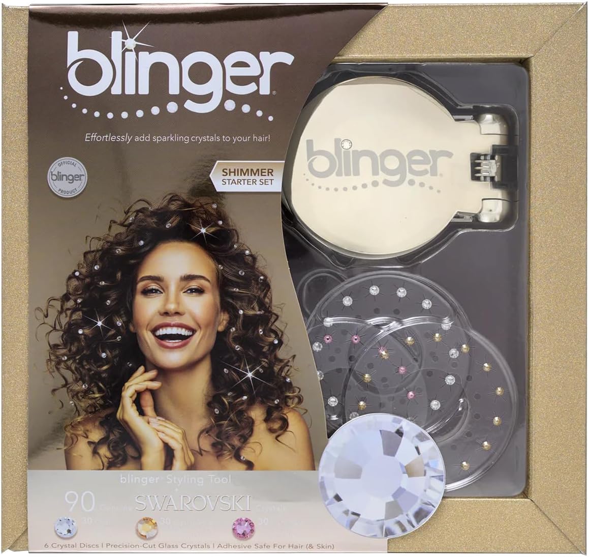 Shimmer Starter Set with Gold-Plated blinger Styling Tool & 90 Precision-Cut Glass Crystals – as seen on Shark Tank | Hair-Safe Accessories for Women | Hair Jewelry for Parties & Gifts