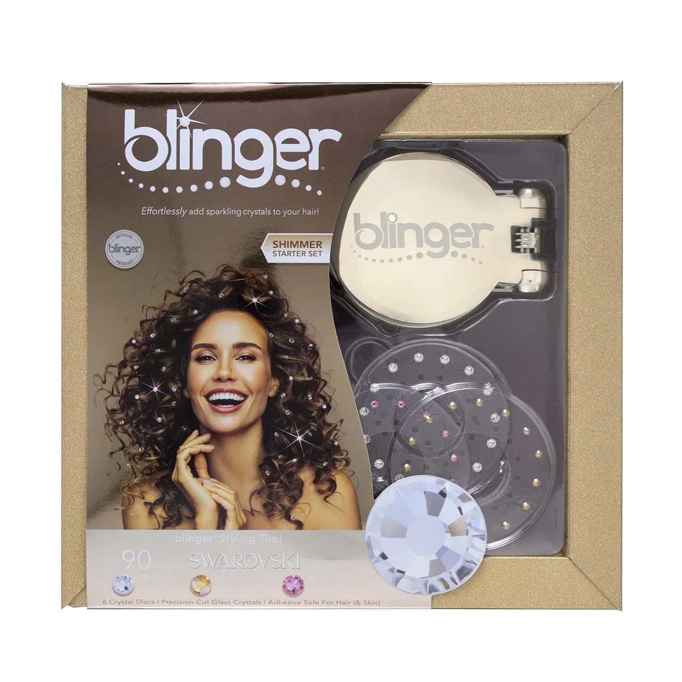 blinger® Shimmer Starter Set with Gold-Plated blinger Styling Tool & 90 Precision-Cut Glass Crystals – as seen on Shark Tank | Hair-Safe Accessories for Women | Hair Jewelry for Parties & Gifts