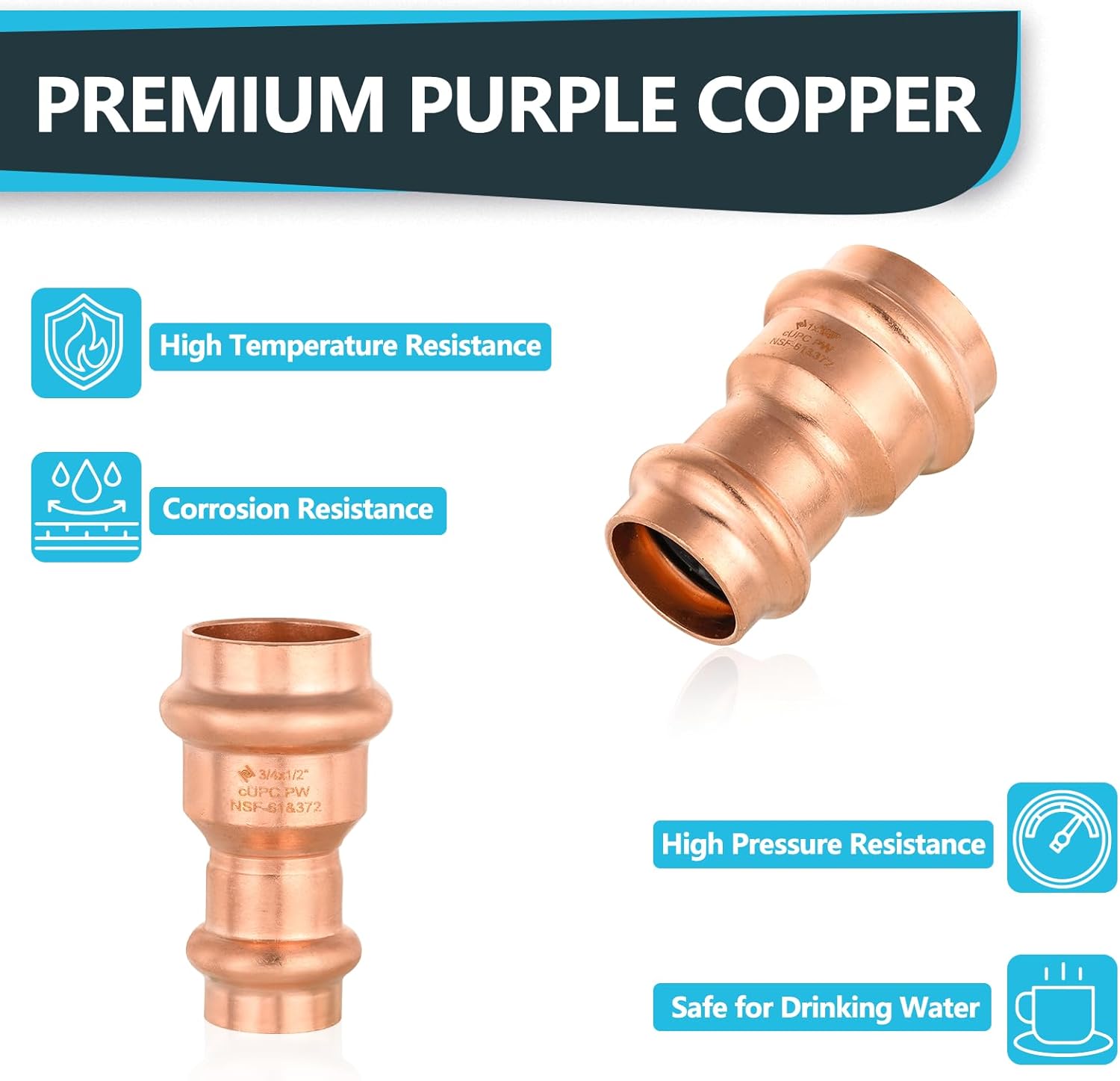 10 Pcs Seelink Press Copper Coupling with Stop, 3/4" P x 1/2" P Pressure Fittings for Copper Tubing