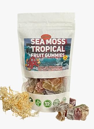Sea Moss and Tropical fruit Gummies | min 60 in a pack 300g | Vegan, Non GMO, Made with Real Fruit & wild crafted sea moss| Moringa Tea and Coconut Sugar Natural no perfect shaped gummie chemicals!