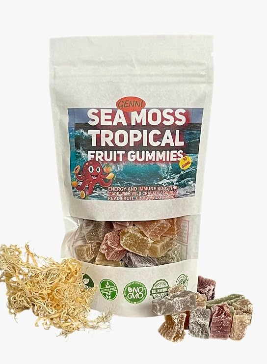 Sea Moss and Tropical fruit Gummies | min 60 in a pack 300g | Vegan, Non GMO, Made with Real Fruit & wild crafted sea moss| Moringa Tea and Coconut Sugar Natural no perfect shaped gummie chemicals!