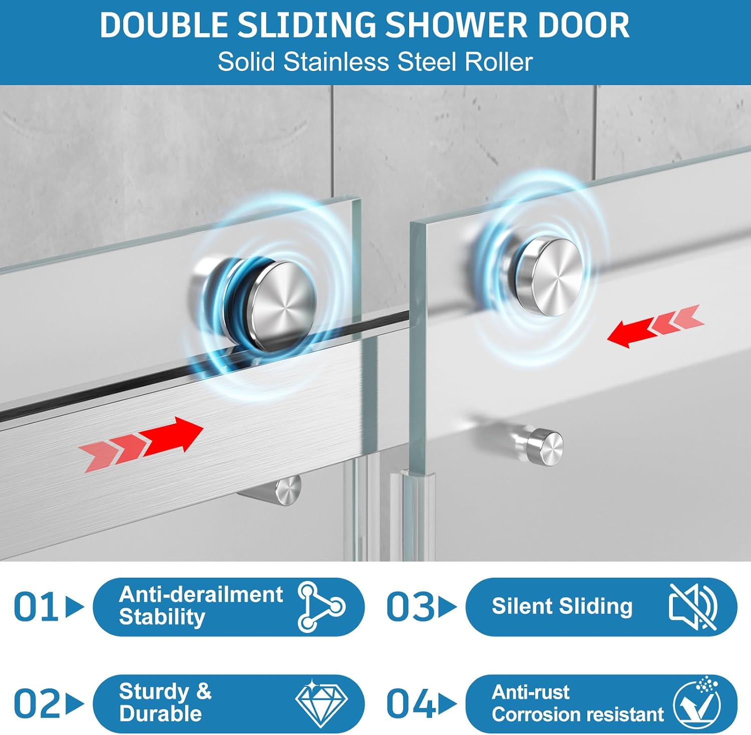 Double sliding rollers with anti-derailment, silent, anti-rust features