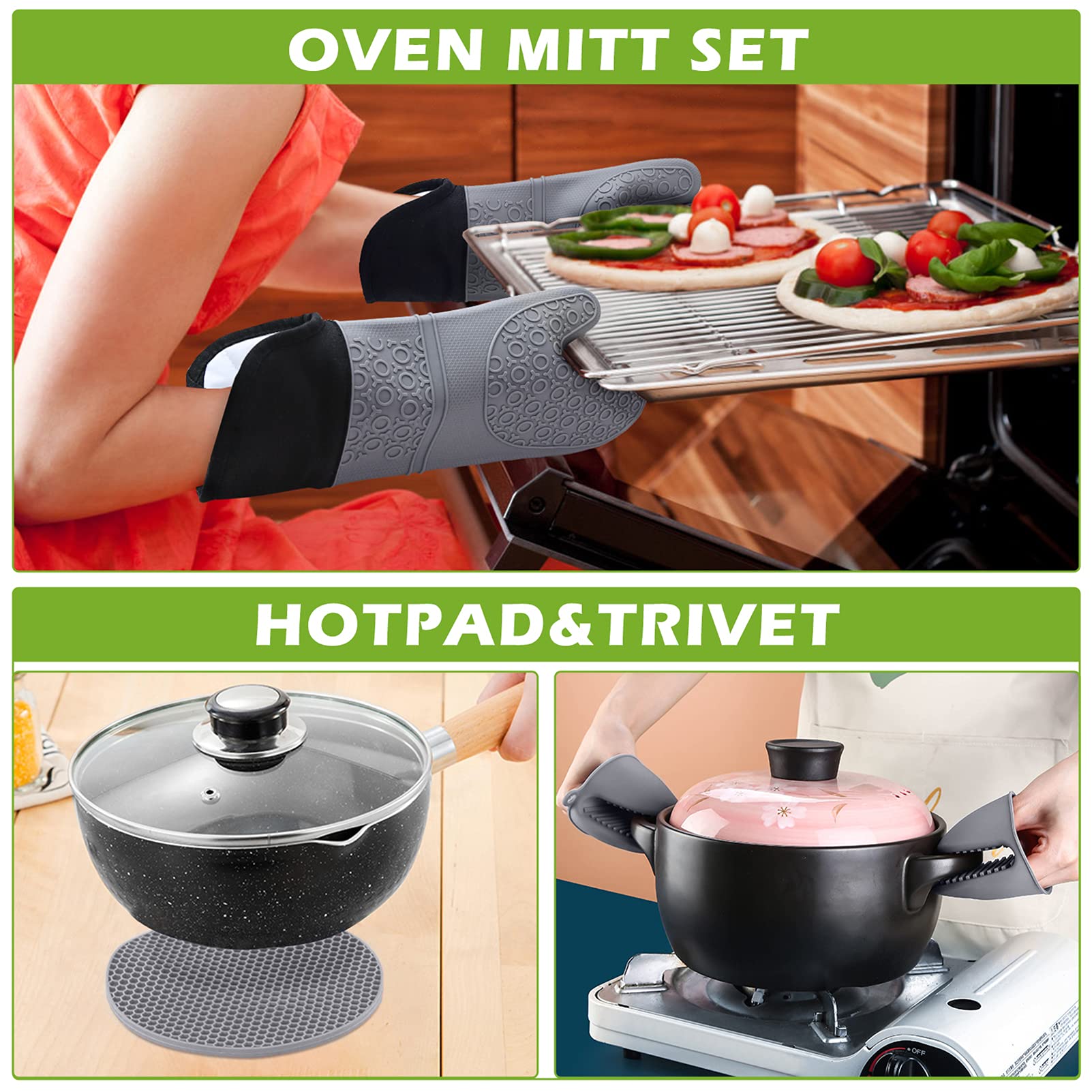 Guanti da Forno in Silicone Impermeabili Antiscivolo: 6 Pezzi Guanti Resistenti al Calore Fino Guanti da Forno e Sottobicchiere Professional per Cucinare Forno Barbecue BBQ Grill & 2 Clip per le Mani