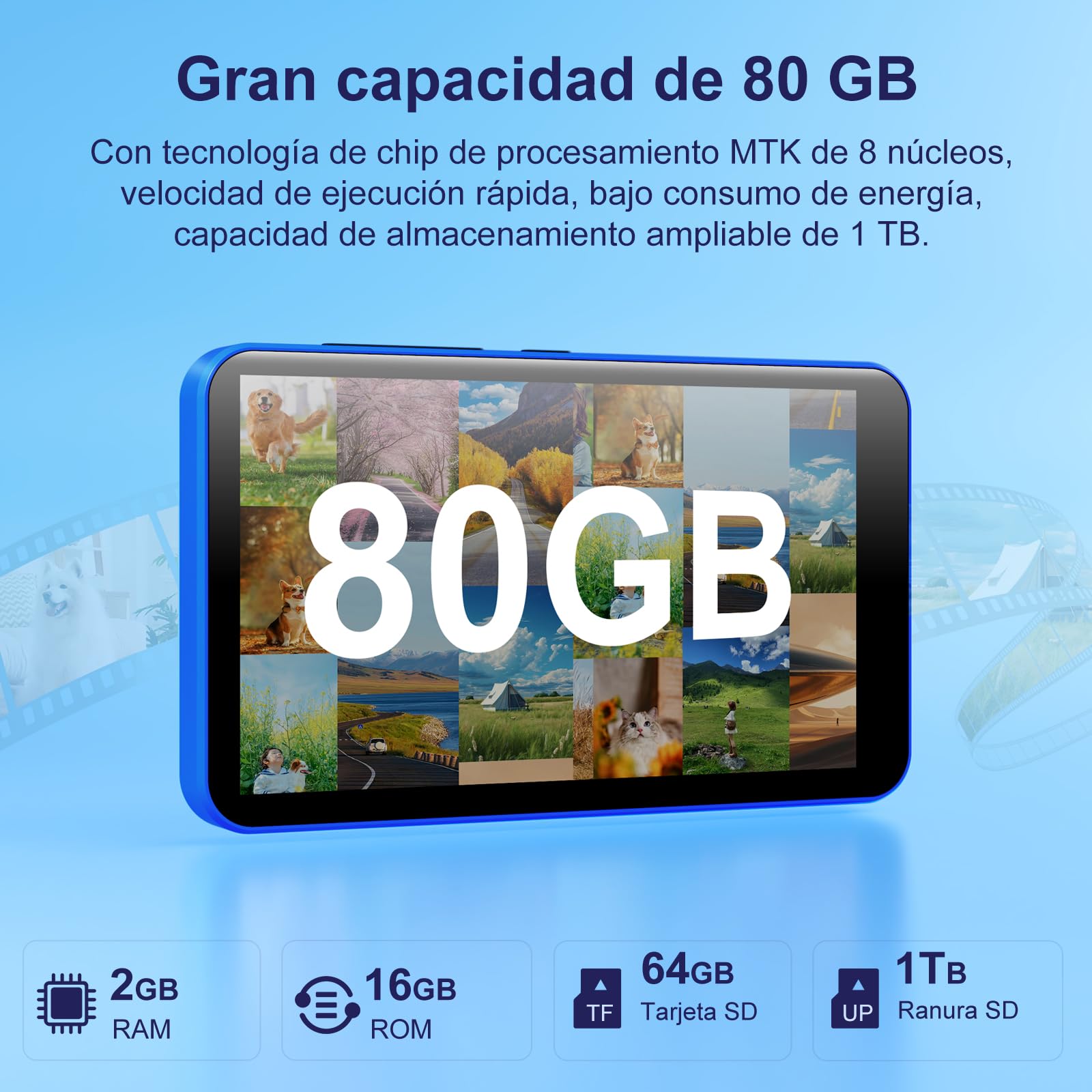 80GB Reproductor MP3 con WiFi Bluetooth, Pantalla IPS táctil 4" | Reproductor de música para niños, Reproductor MP4 Android con Spotify, Audible, Deezer, Externo hasta 512GB, Blue