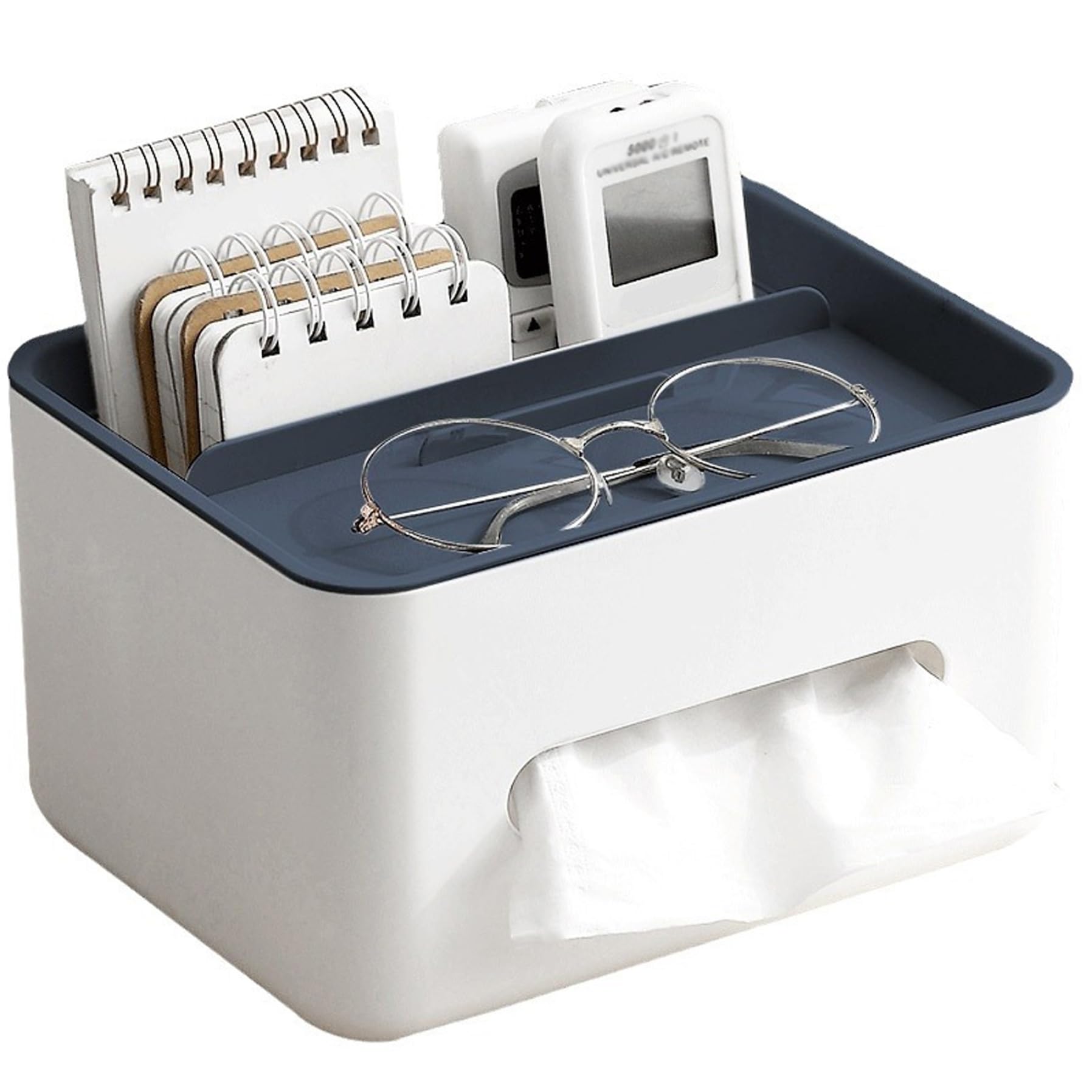 Hperu White Bottom + Dark Blue Lid Tissue Box Holder, Dual Layer Multi-Compartment Pp Tissue Box Cover, Minimalist Rectangle Organizer For End Table, Nightstand, Bedside, Living Room, Holder