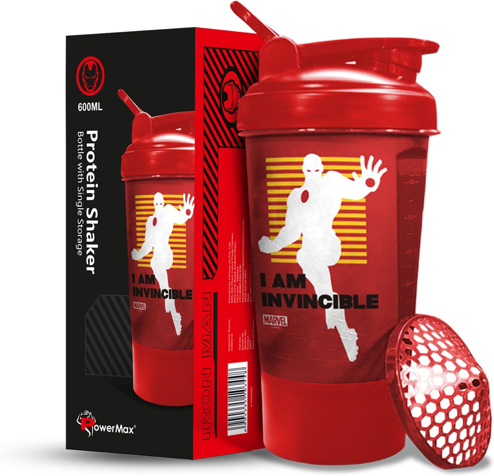 X Marvel MSB-6S Iron Man Marvel Edition Shaker Bottle 600ml, 100% Leakproof Guarantee Sipper Bottle Ideal for Protein, Pre-Workout & BCAAS, BPA Free, Plastic (Red, Pack of 1)