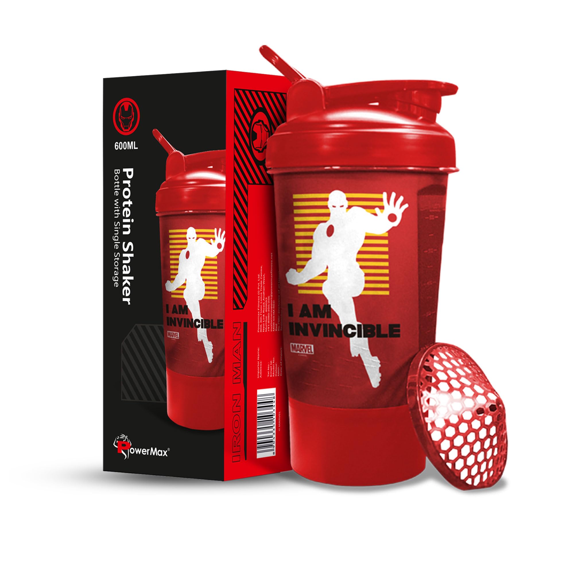 X Marvel MSB-6S Iron Man Marvel Edition Shaker Bottle 600ml, 100% Leakproof Guarantee Sipper Bottle Ideal for Protein, Pre-Workout & BCAAS, BPA Free, Plastic (Red, Pack of 1)