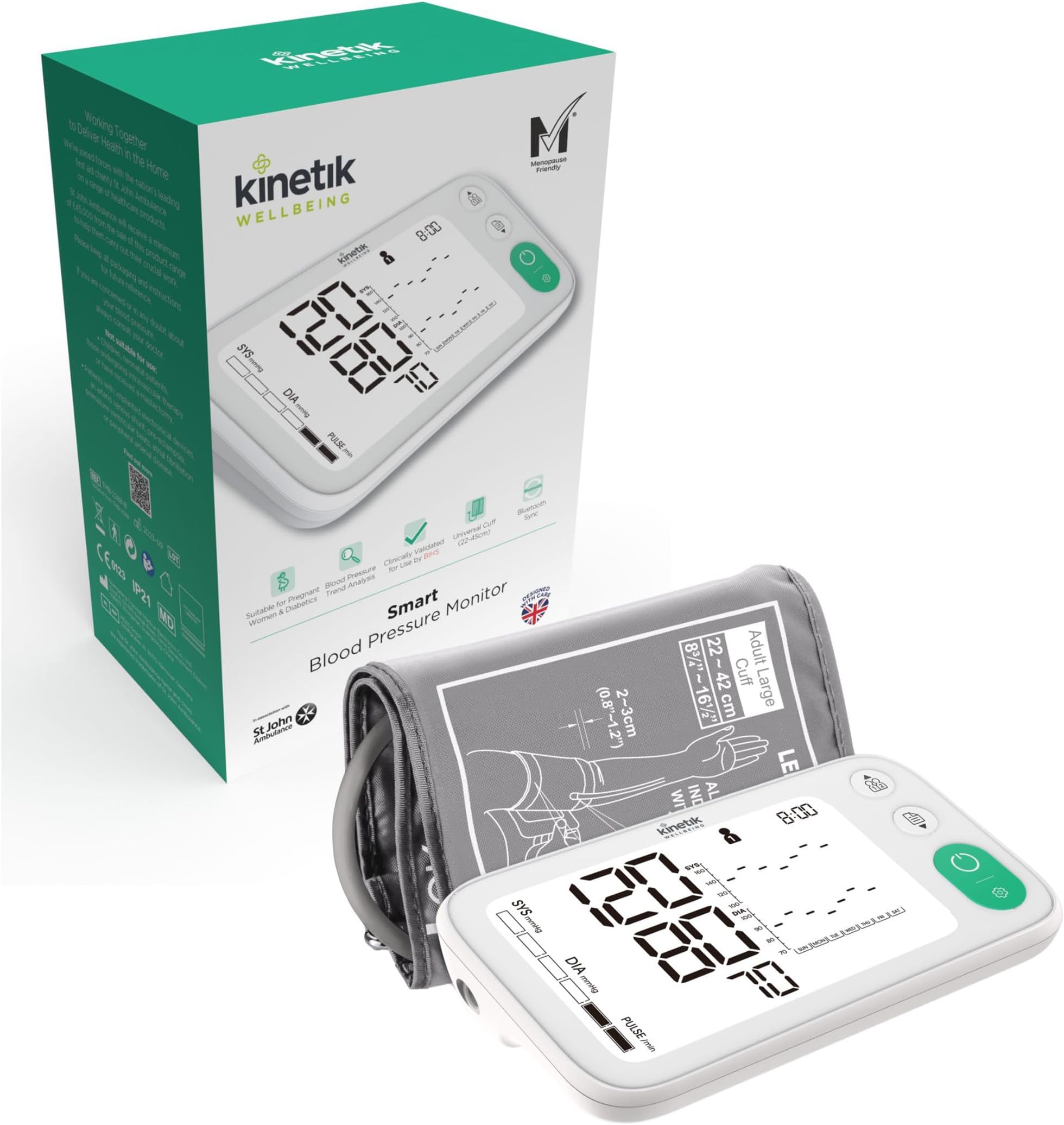 Kinetik Wellbeing Smart Blood Pressure Machine - Bluetooth Arm Blood Pressure Monitors Large Cuff Universal (22-45cm) - Safe in Pregnancy & Diabetics - Bp Monitor Menopause Friendly