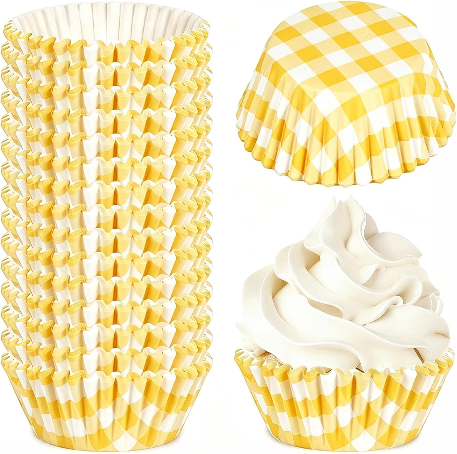 Whaline 300 Pcs Yellow Plaid Cupcake Liner Gingham Paper Baking Cups Checkered Muffin Liner Cake Storage Container for Baby Bridal Shower Wedding Birthday Party Supplies