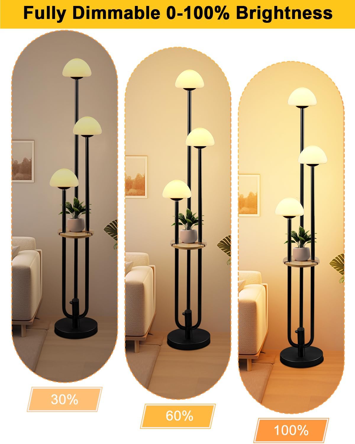 Lightdot Black Dimmable Floor Lamp with Table, Modern Floor Lamps for Living Room, 3000K Warm Lights Tall Standing Lamp with Mushroom Shades & Bulbs Included for Bedroom/Sofa Beside/Corner Decor