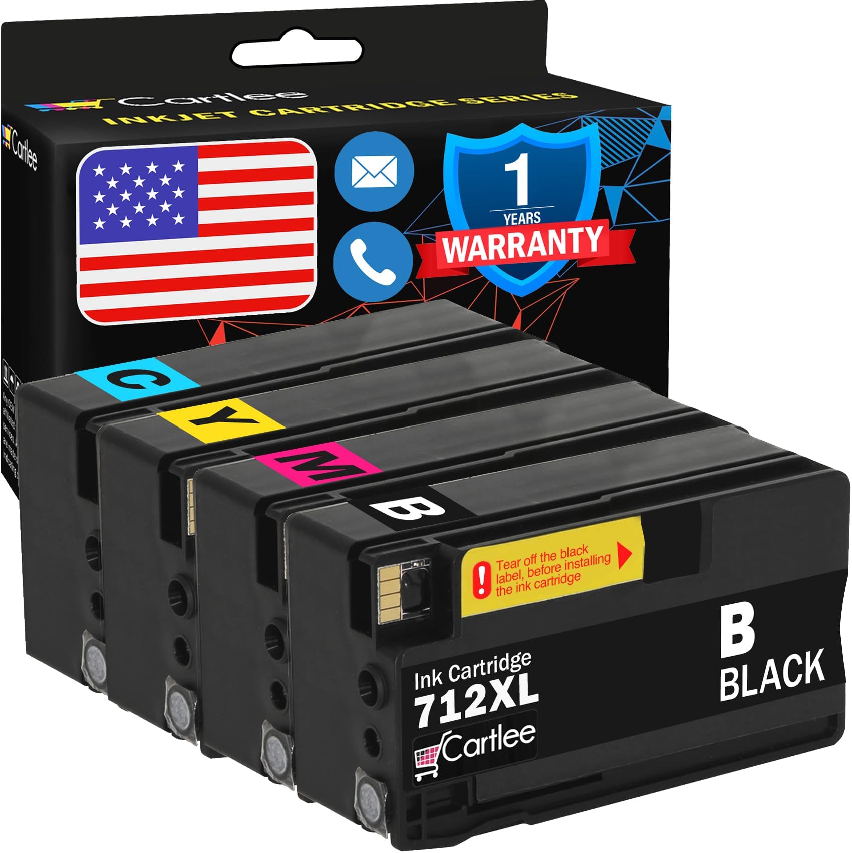 Cartlee Compatible Ink Cartridges Replacement for HP 712 712XL Ink Cartridges for HP for DesignJet T210 T230 T250 T630 T650 Studio Plotter Printers (1 Black, 1 Cyan, 1 Magenta, 1 Yellow)