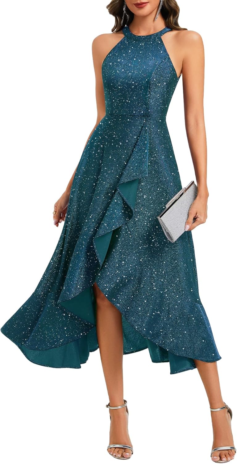 Dressystar Women Halter Sequin Maxi Formal Dress 2026 Sparkly Split Ruffle Sleeveless Wedding Cocktail Prom Evening Dresses