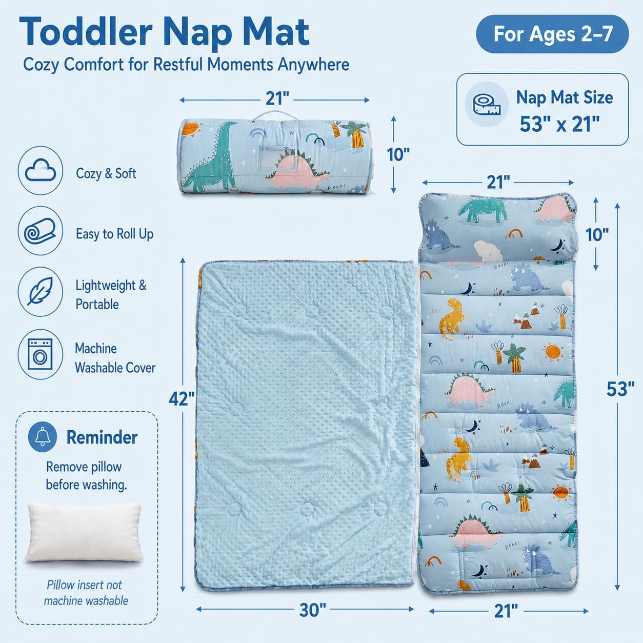Cotton Toddler Nap Mat with Zipper,Detachable Minky Blanket and Removable Pillow,Soft Slumber Bags for Boys,Kids Sleeping Bag for Daycare Preschool Kindergarten,Dinosaur Toddler Sleeping Mat - Blue