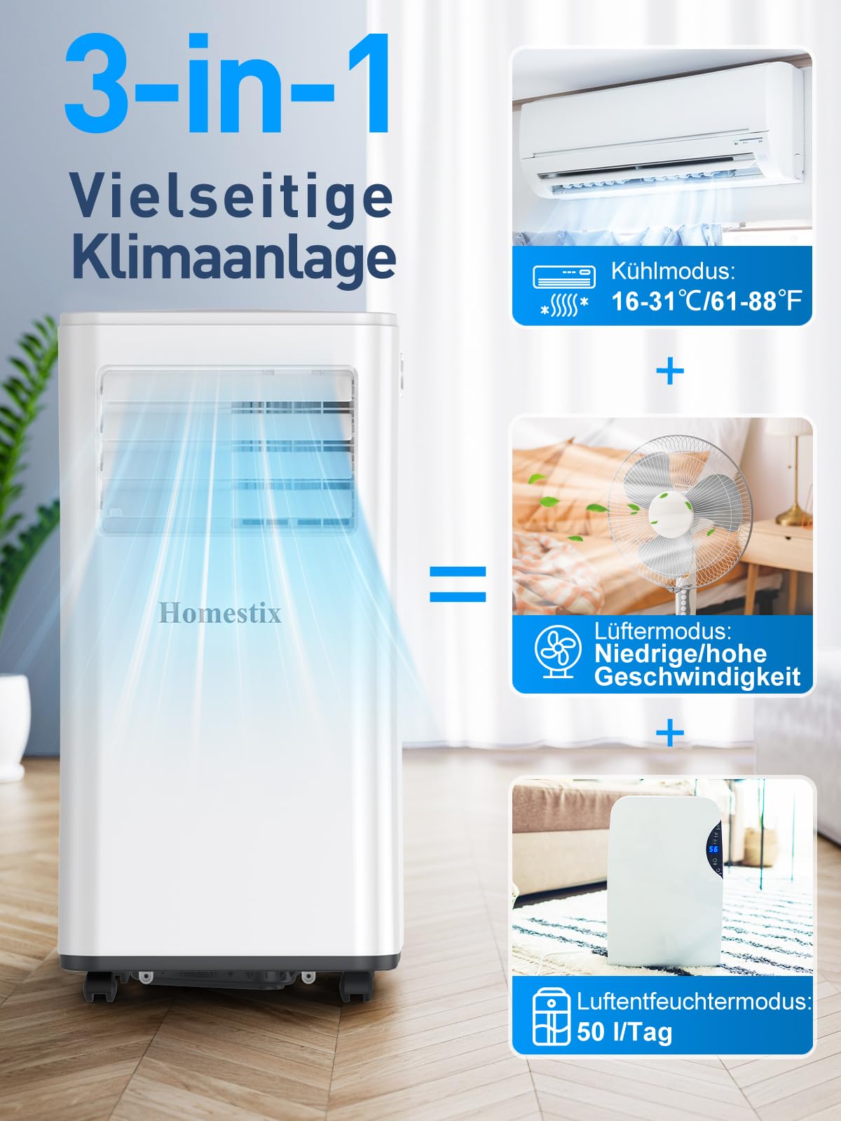 Klimaanlage Mobil 9000 BTU, Mobile Klimaanlage 4-in-1, Kühlung, Entfeuchtung und 2-Stufiger Belüftung, Mobiles Klimagerät mit Abluftschlauch, Digitalanzeige, 24h-Timer, Kühlfläche bis zu 88 m³(33㎡)