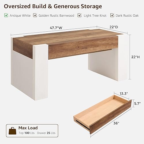 Miniatura 2 de OKD Mesa de café de 48" moderna estilo casa de campo, mesa de madera para sala de estar con cajón de almacenamiento oculto, mesas centrales