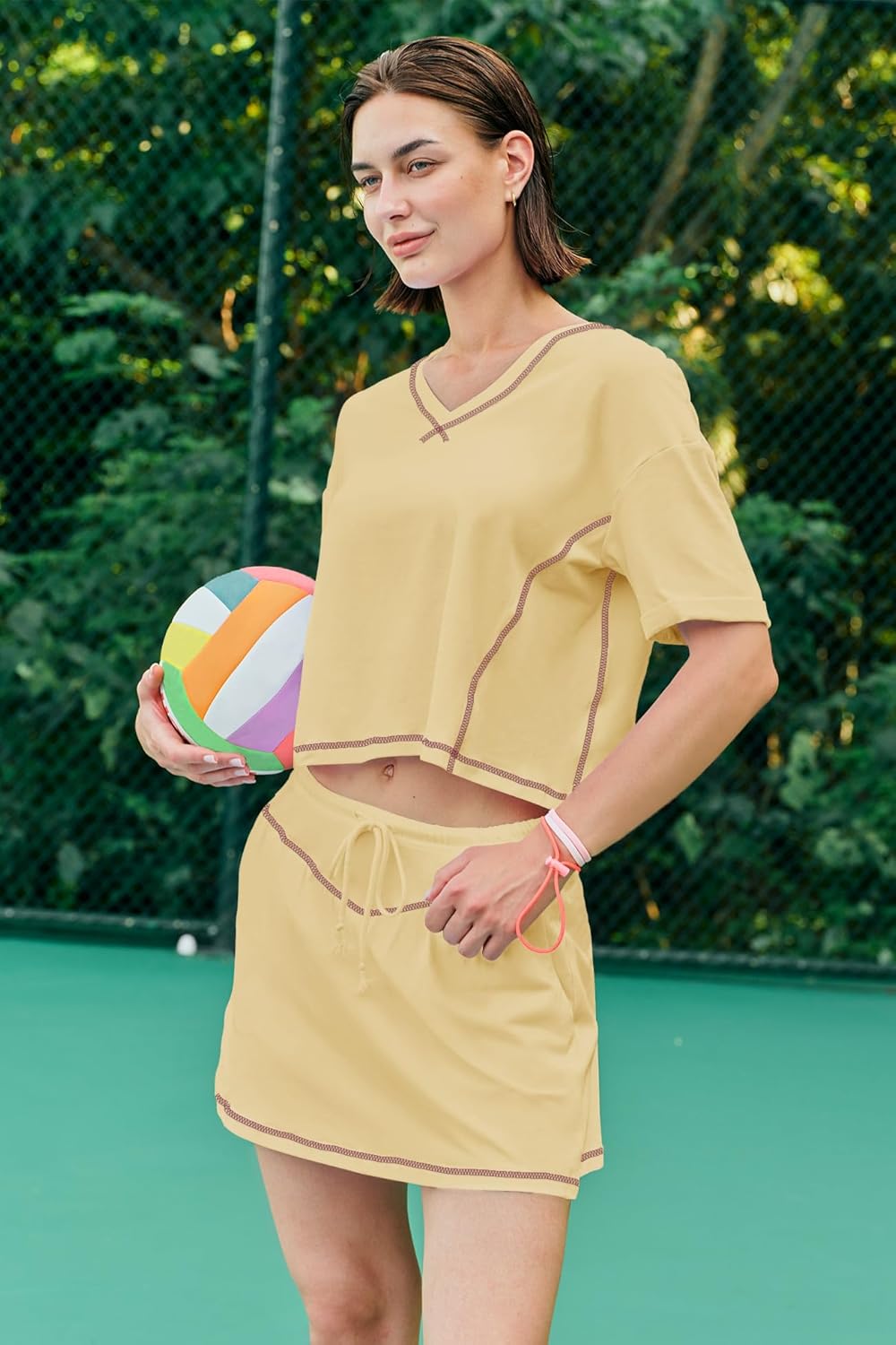 Panadila Womens Workout Set 2 Piece Outfits Skirt Set Matching Sets Crop Tops and Skirt with Shorts Sets with Pockets(Light Yellow,XL) - Image 5