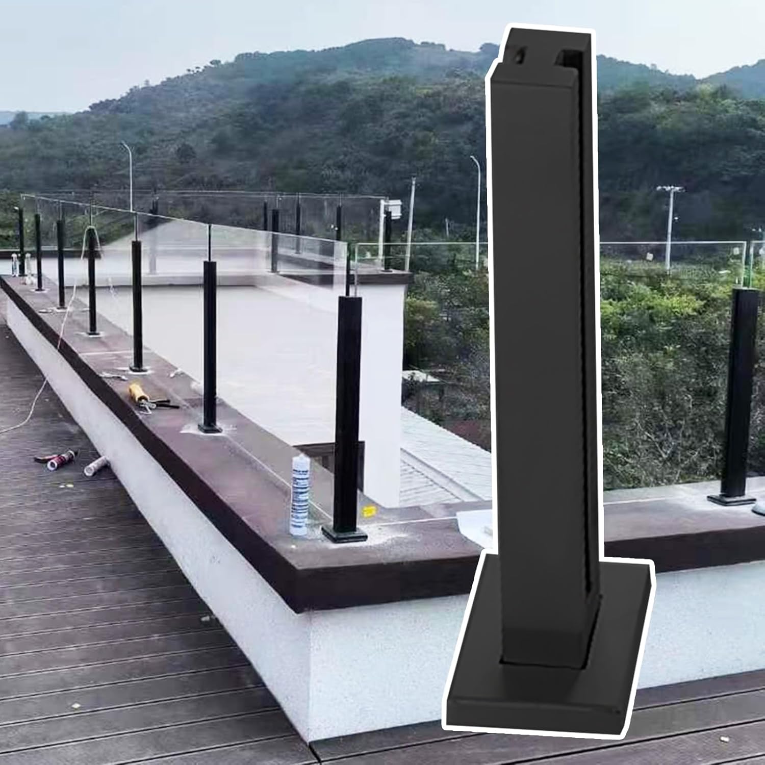 Black Heavy Duty Glass Balustrade Post Kit for Balcony, Garden, Patio - Safety Glass Railing Columns, 100cm Height, Durable Outdoor Fence Solution