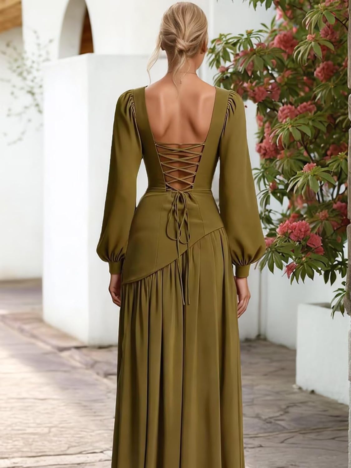 Long Sleeve Chiffon Bridesmaid Dresses for Women Square Neck Prom Dress with Slit Formal Evening Gown