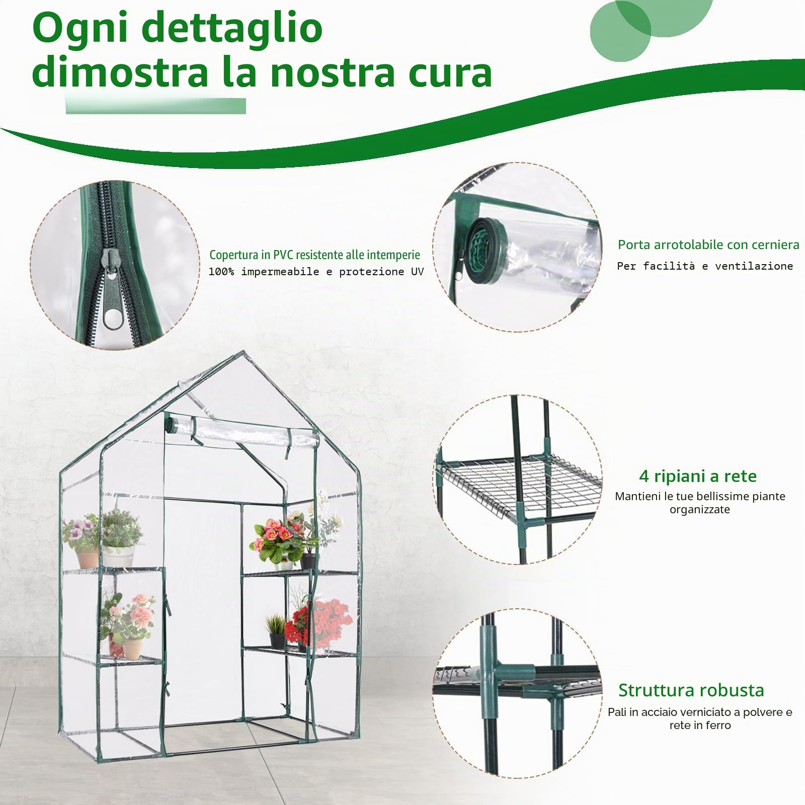 HOMASIS Serra da Giardino con Supporto per Piante, Serra per Piante Invernale, Miniserra da Balcone con Copertura in PVC e Porta Avvolgibile, 143 x 73 x 195 cm (Verde)