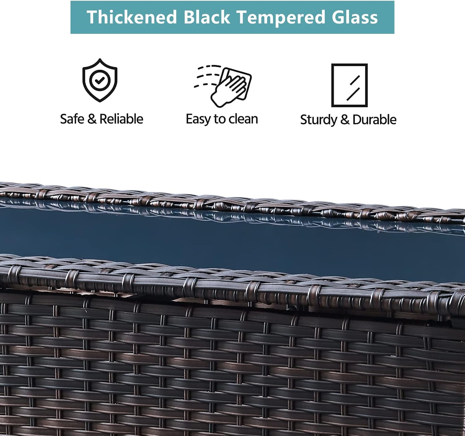 HUMMUH Outdoor Coffee Table Patio Rattan Patio Side Table Built-in Black Glass Top PE Wicker Rectangle Sofa Table Dark Brown