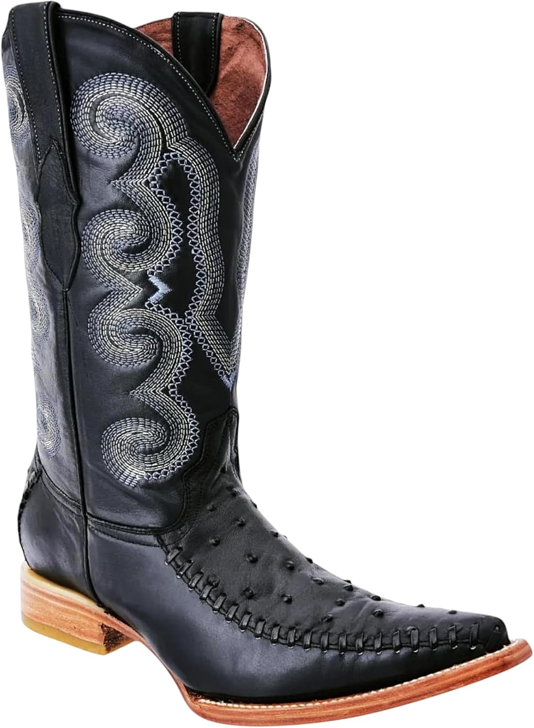 Men’s White Diamonds Ostrich Print Cowboy Boots – Black 3X Toe Woven Imitation Avestruz Western Boots, Leather Sole, Ranch and Dress Western Boot