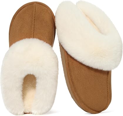 Litfun Fuzzy House Slippers for Women Fluffy Memory Foam Suede Slippers with Faux Fur Collar Indoor Outdoor