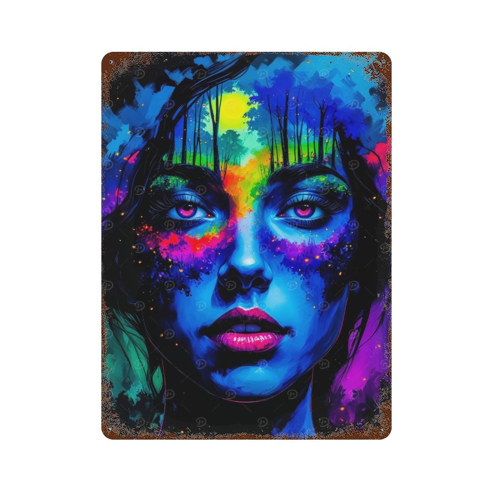 Colorful Woman with Forest Silhouette Vintage Rust Metal Sign 15.7"x11.8", Retro Wall Decor for Garage, Pub Or Kitchen