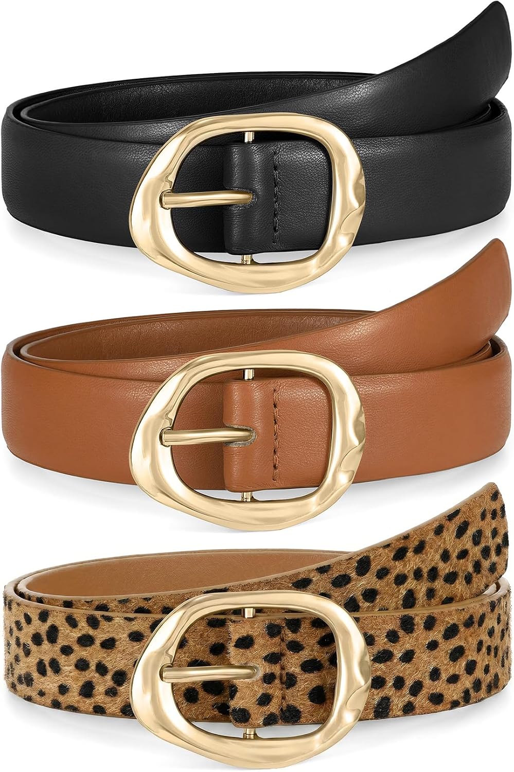 WHIPPY 3 Pack Women Leather Belts Ladies Fashion Casual Waist Belt For Jeans Pants With Liquid-Shaped Gold Buckle