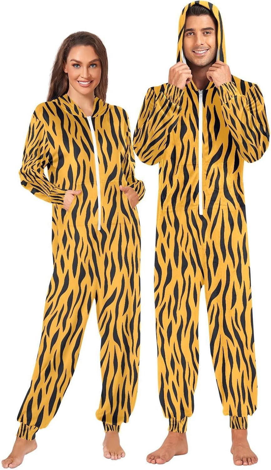 ALAZA Tigers Skin Leopard Print Adult Onesie Pajamas Novelty One Piece Costume Sleepwear Jumpsuits Matching PJS