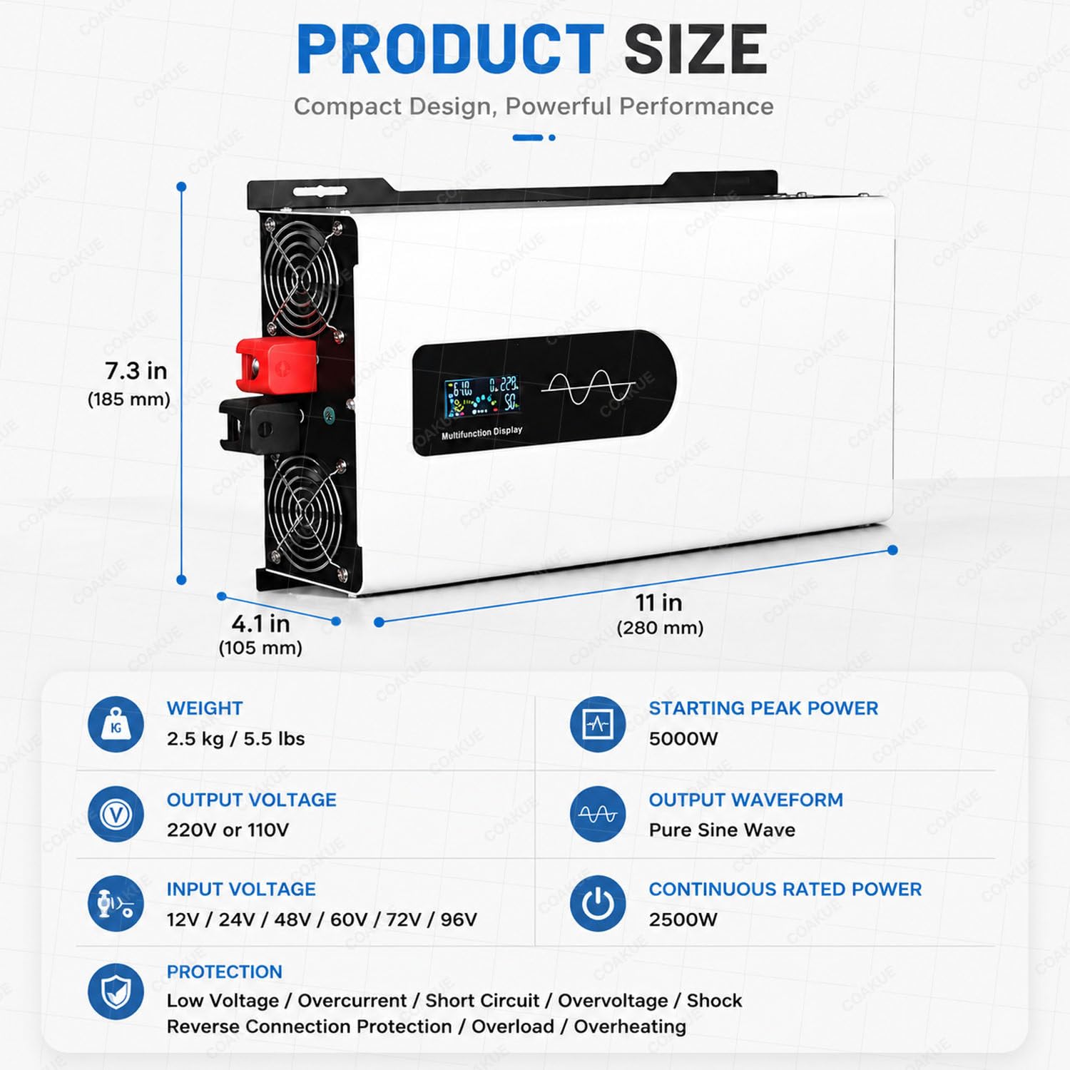 Inverter a Onda sinusoidale Pura, Ibrido Solare da 12V-96V DC a 110/220V AC 72Vto110V-2500W | Uscita split-phase per sistemi di accumulo energetico domestico, collegabile in parallelo, ideale per camper