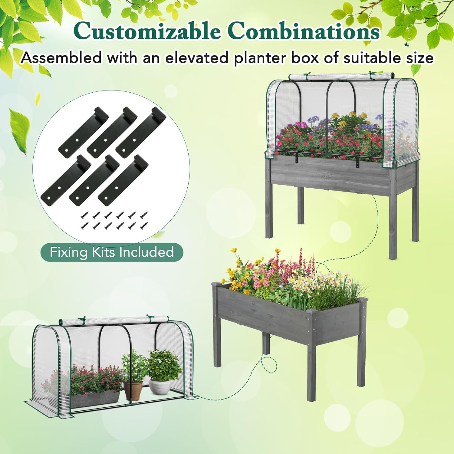 Raised Garden Bed with Greenhouse, Waterproof Sun-Protective Green House with Roll-Up Door & Electroplated Metal Frame, Pine Wood Elevated Planter Box with Drainage Holes(White+Gray)