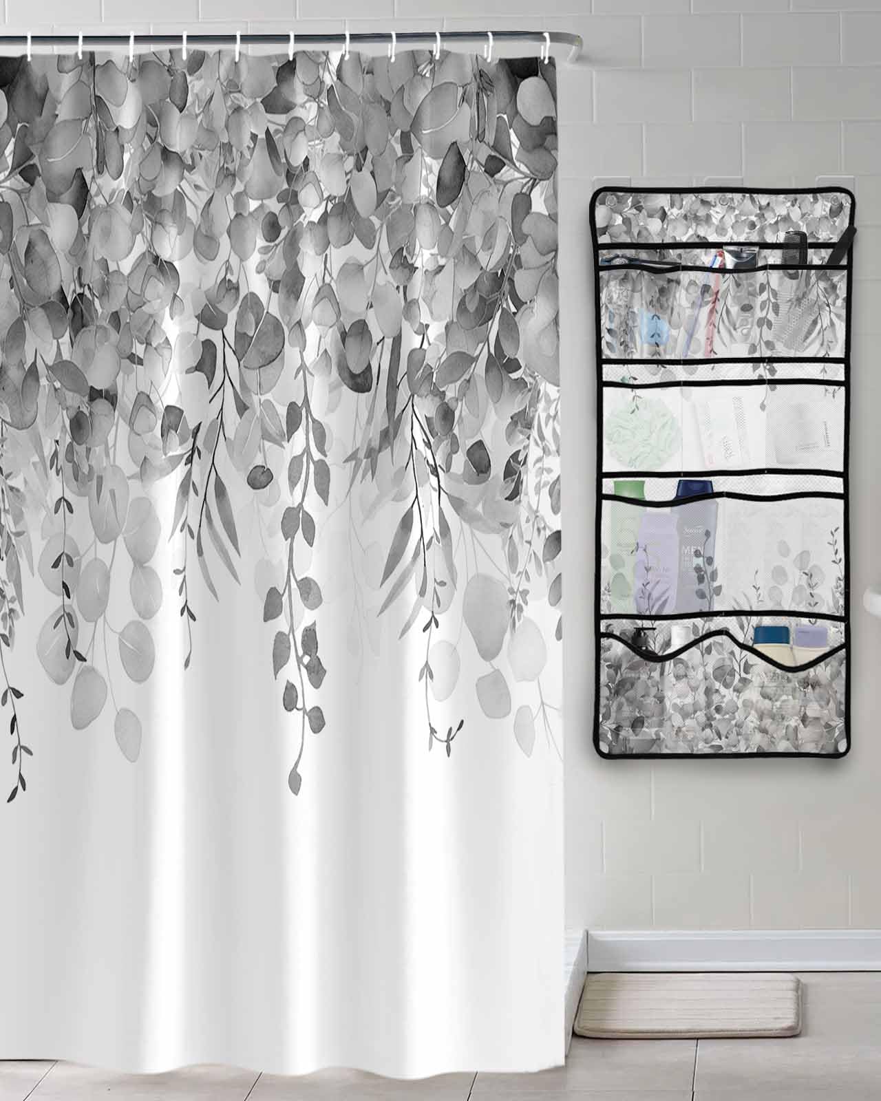 Decorative Shower Curtain Sets Country Vintage Polyester Fabric Waterproof Bath Shower Curtains Retro Eucalyptus Leaves Grey Mesh Shower