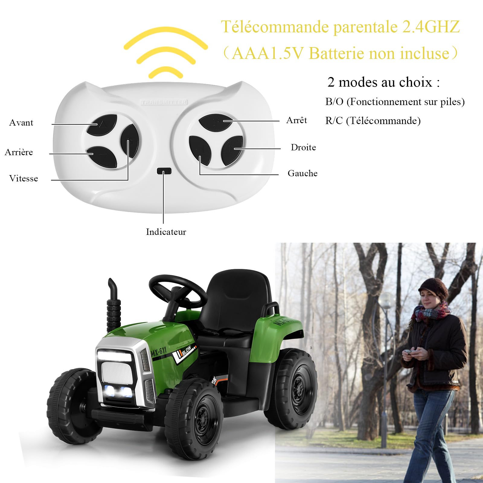 SOARS Spielzeugtraktor, Akku, 12 V, mit Fernbedienung, 2,4 G, 3 Geschwindigkeiten, Traktor mit elektrischem Anhänger mit Hupe/MP3/Bluetooth/USB/LED, Elektrotraktor für Kinder ab 3 Jahren