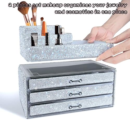 Miniatura 2 de KEYPOWER Bling Rhinestone Maquillaje Cosmético Joyería Organizadores Cajón & 12PCS Maquillaje Brocha con bolsa (blanco)