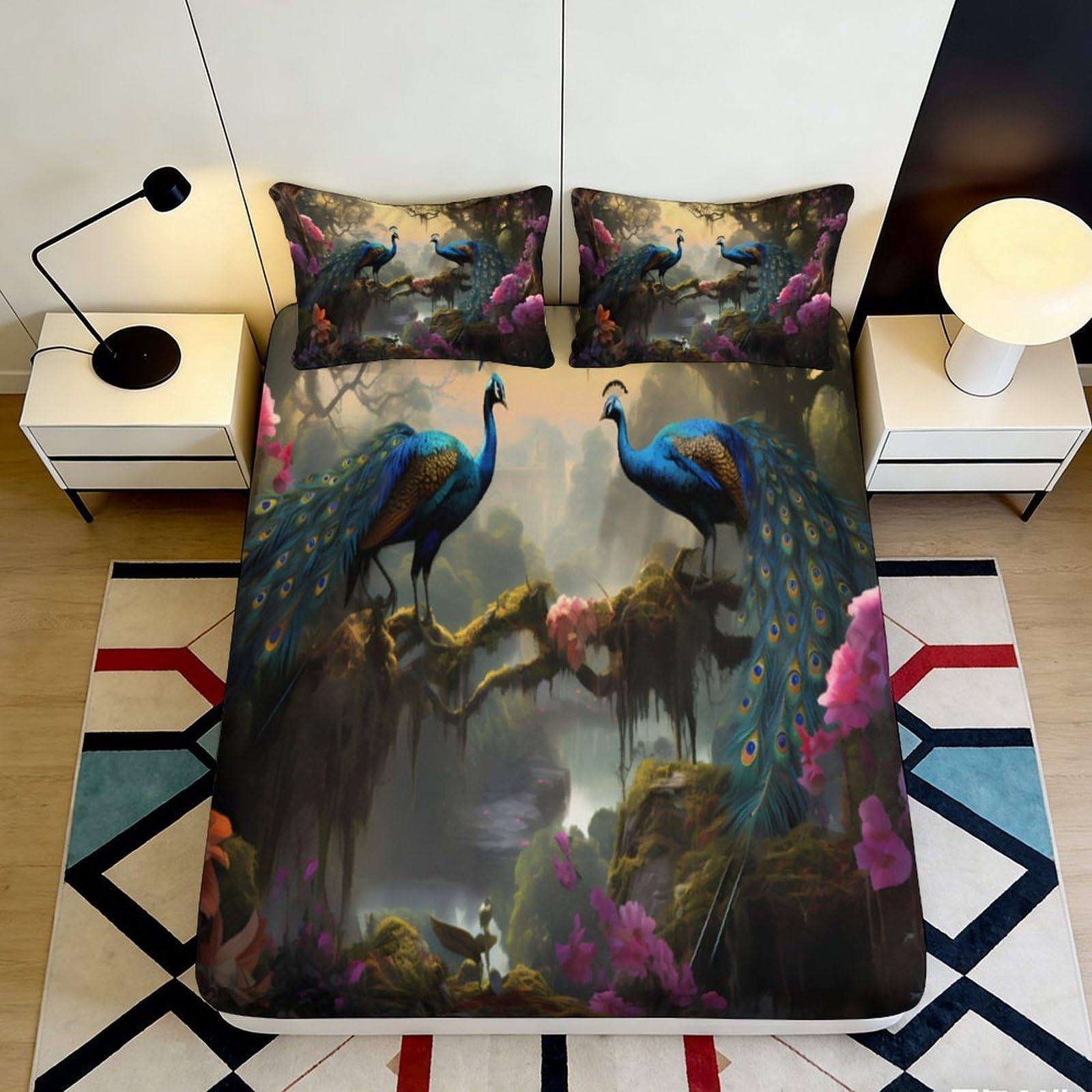 3D Printed Blue Peacock Fitted Sheet Microfiber Non-Slip Artistic Forest Bed Cover for Bedroom Guest Room Decor 200x200x25cm