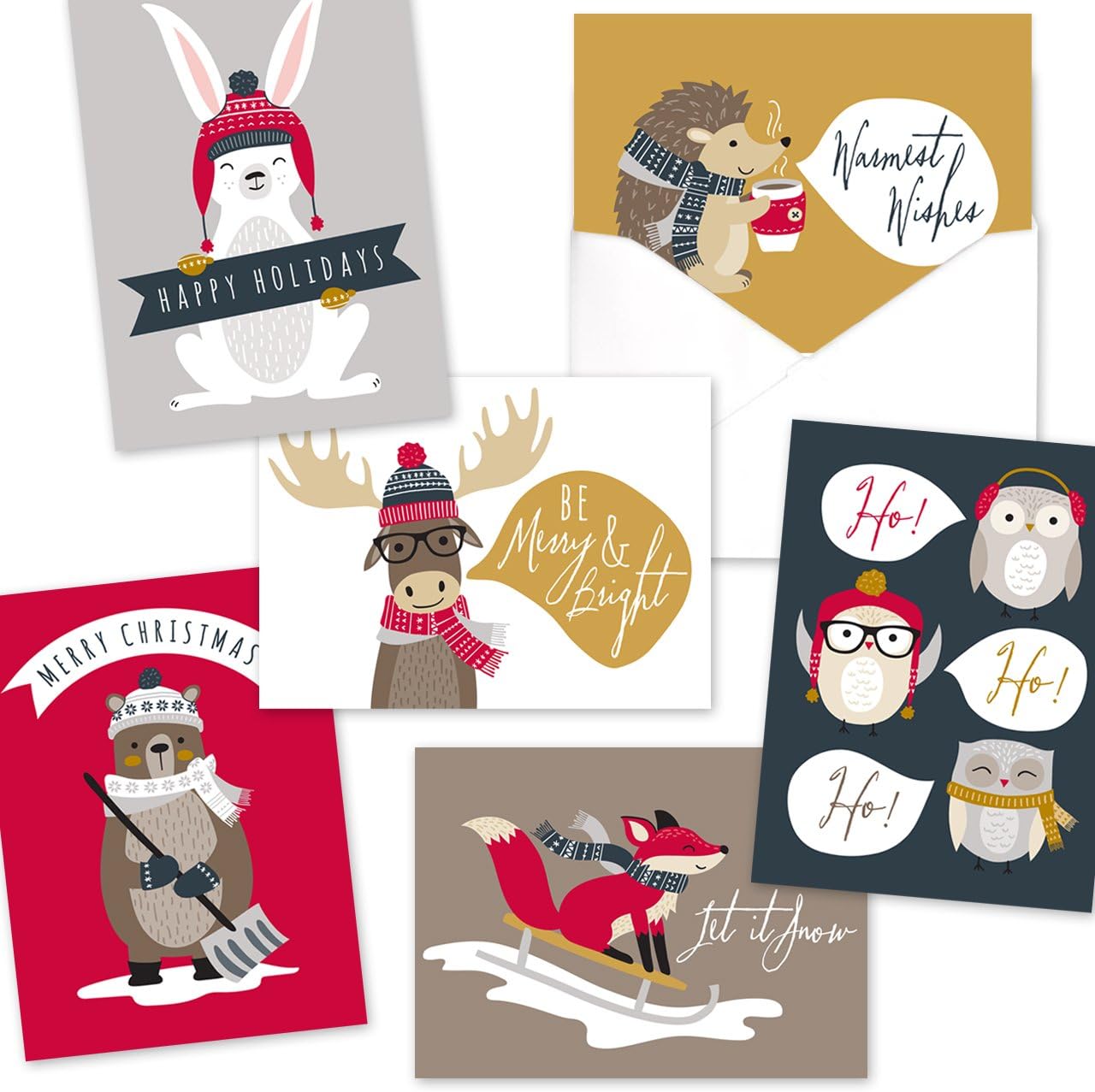 Canopy Street Woodland Animals Holiday Cards / 36 Cards With White Envelopes Pack / 6 Winter Forest Animal Designs/Cheerful Seasonal Verses Inside / 4 5/8" x 6 1/4" Christmas Greeting Card Set