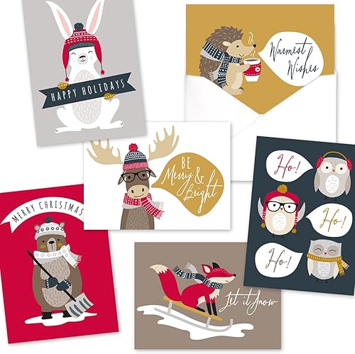 Miniatura 8 de Canopy Street Tarjetas navideñas de animales del bosque, 36 tarjetas con sobres blancos, 6 diseños de animales del bosque de invierno, versos de