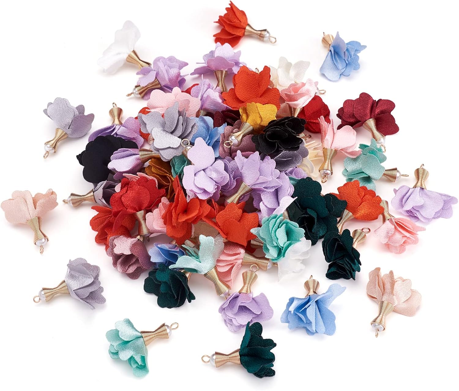Cheriswelry 200pcs Cloth Fabric Flower Pendants Acrylic Pearl Floral Petal Tassel Charms with Golden Filigree Flower Metal Cap Mixed Color for DIY Earrings Keychain Jewelry Making Crafts 30-35mm