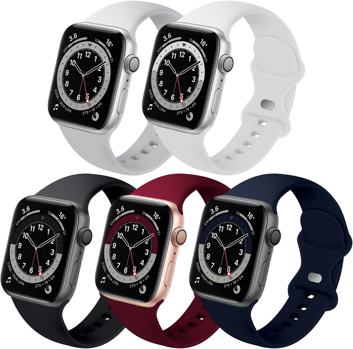 Bands Compatible with Apple Watch 38mm 40mm 41mm 42mm 44mm 45mm, 5 Pack Replacement Soft Silicone Sport Strap for iWatch Series 7/6/5/4/3/2/1 SE, Gray/White/Black/Wine Red/Navy Blue