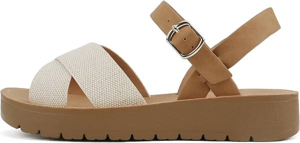 Sandalias planas Soda CHESTER para mujer, plataforma, hebilla en tobillo, correas cruzadas, color dorado rafia, talla 5.5
