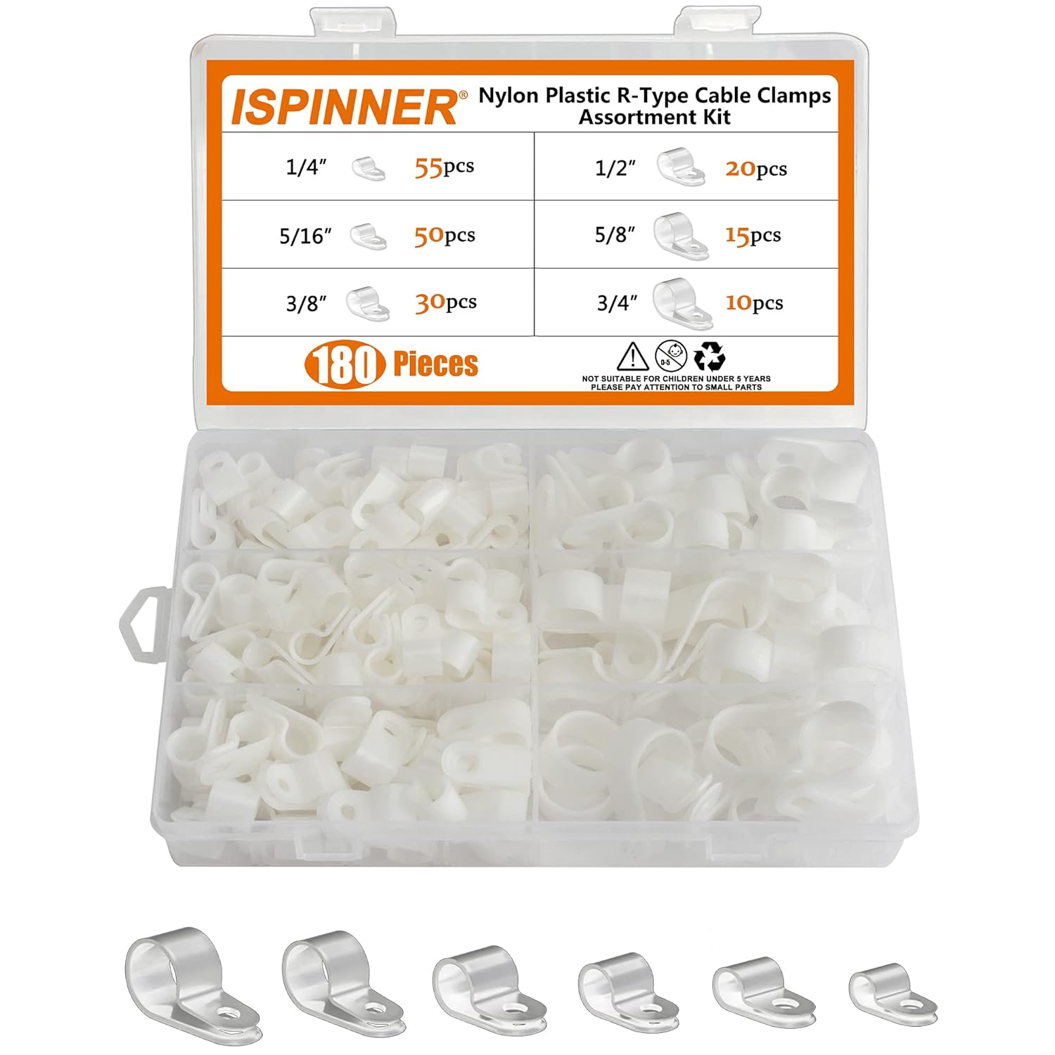 ISPINNER 180pcs Nylon Plastic R-Type Cable Clamps, 1/4" 5/16" 3/8" 1/2" 5/8" 3/4" Clips Fasteners Assortment Kit for Cable Conduit (Black)