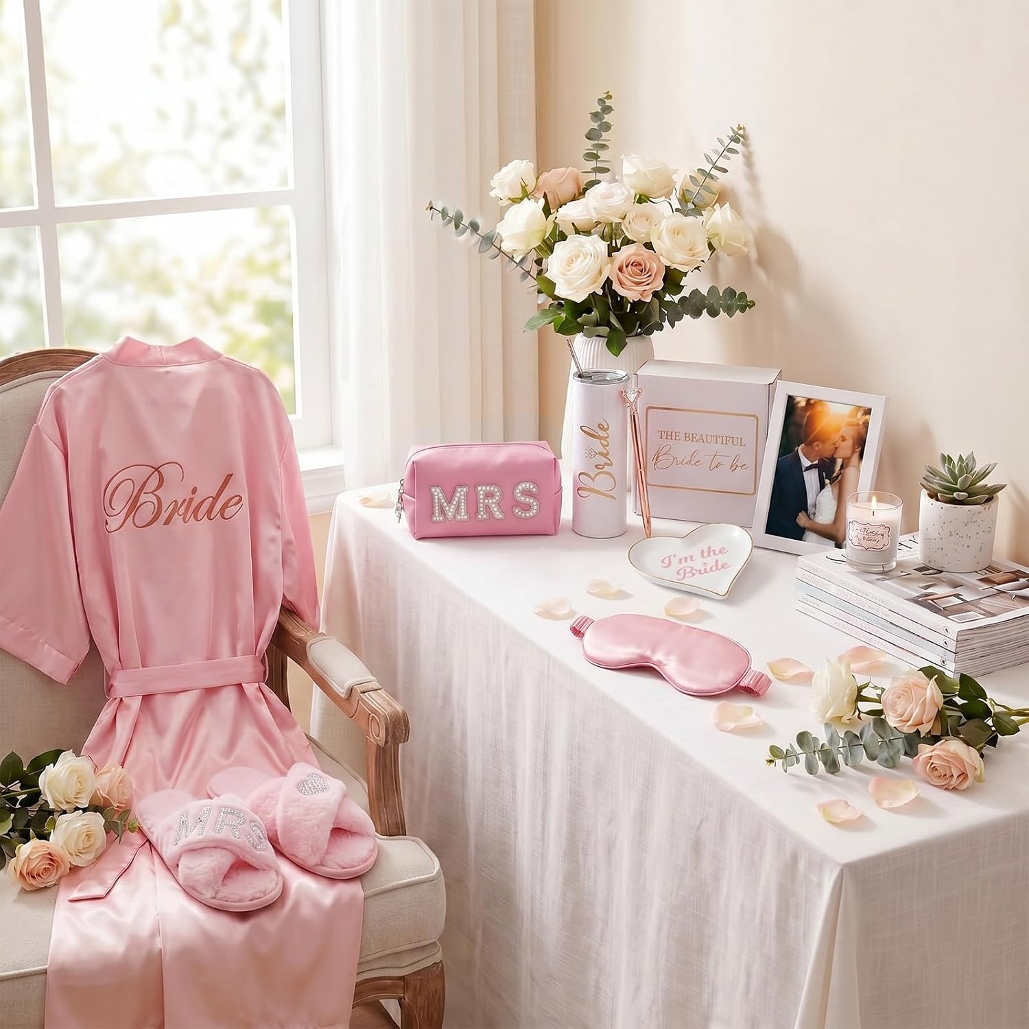 12 Pieces Bride To Be Gifts Set Bride Robe Slippers Hair Clip Cosmetic Bag Gift Box Cup Photo Jewelry Pen Eye Mask