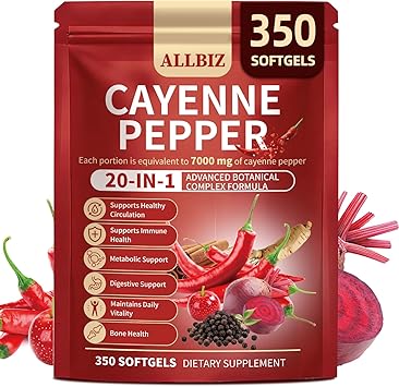 20-in-1 Organic Cayenne Pepper Capsules Supplement 7000mg | 350 Softgels | with Organic Vitamins D3 K2 E, Curcumin, Berberine, Probiotics & Omega-3 | Supports Circulation,Digestive & Bone Health
