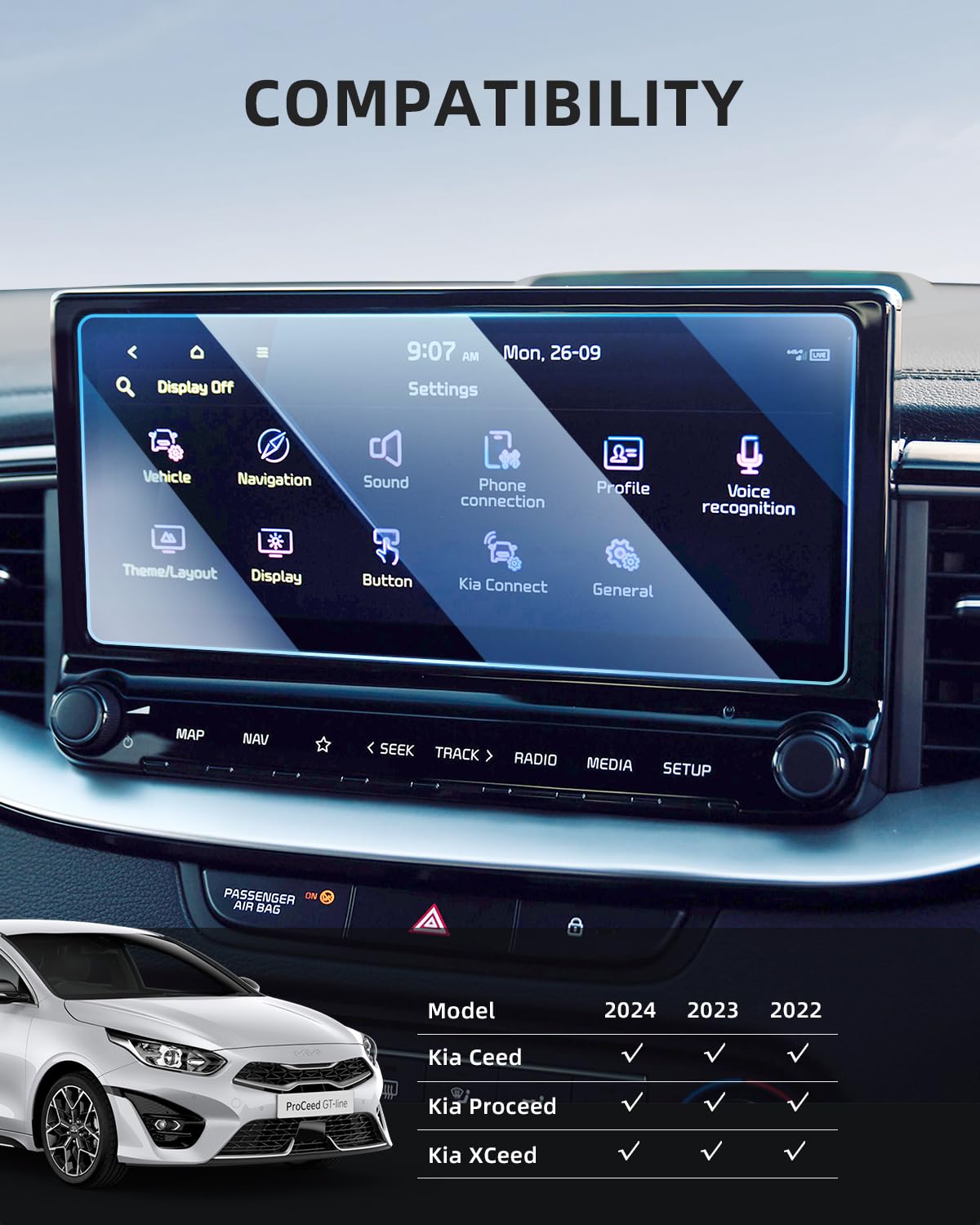 Compatible Ceed Proceed Xceed 2022 LFOTPP Protector De Pantalla Para 2022 Kia Ceed SW GT Line/Proceed GT/XCeed 10,25 Pulgadas Sistema De Medios De GPS Navegación – Antihuellas, Vidrio Templado 9H Resistente A