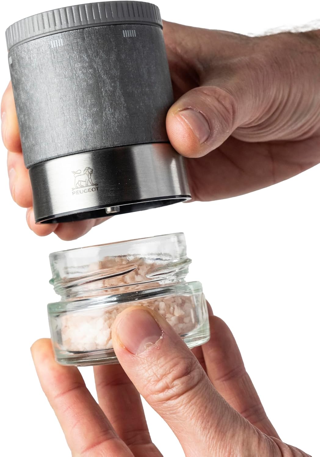 PEUGEOT–Maestro Salt Bar – 10cm Salt Mill with U’Select Adjustment – 3 Premium Salts, 3 Empty Interchangeable Glass Jars, White Marker - Made in France – PEFC-Certified Wood/Stainless-Lt. Graphite