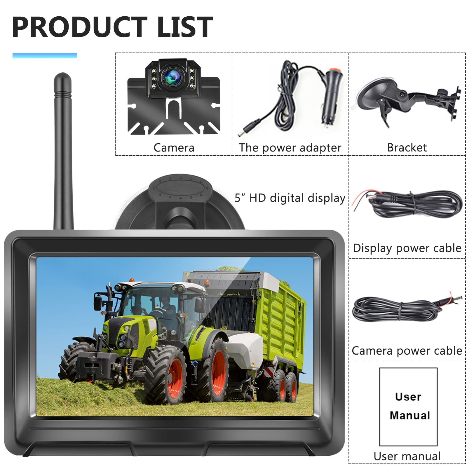 Hodozzy Cámara de Marcha Atrás Digital Inalámbrica con Camara y 5 Pulgadas Monitor Kit de Vehículo HD 1080P con Visión Nocturna, IP69 Impermeable Cámara de Visión Trasera para Coche Camiones 12V-24V